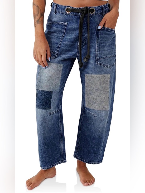 Denim - Womens Baggy Barrel Horseshoe Jeans Wide Leg Patchwork Low Rise Denim Pants Sz 6